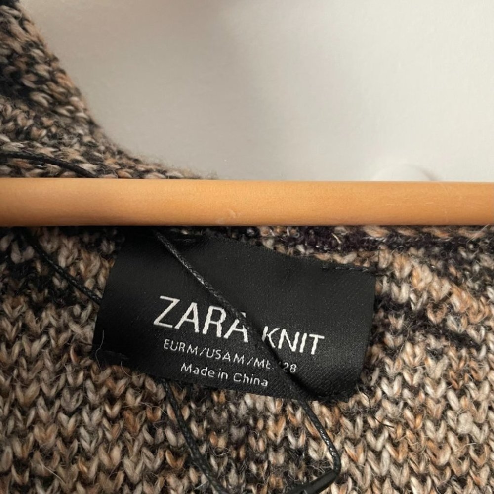 Zara Knit Houndstooth Chunky Cape Poncho Cardigan Brown Black Sz M - Picture 5 of 6